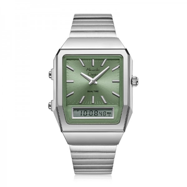 Alexandre Christie AC 2B37 Silver Light Green LHBSSLE Dual Time